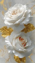 A vivid white rose against a white and gold figure, accented with elegant gold floral designs that add a touch of romance and sophistication. luxury feeling white roses with golden touch
