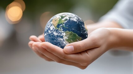 Hands hold a glowing globe representing global connection and technological advancement in a modern workspace