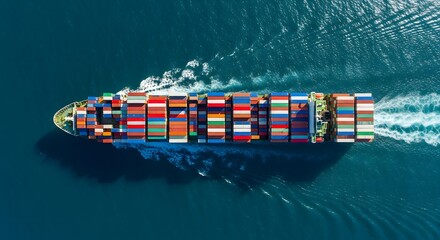 Aerial view of cargo ship loaded with containers on the sea