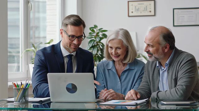 Financial advisor presenting investment strategies to senior couple on laptop, building trust and securing their financial future, fostering confidence and peace of mind