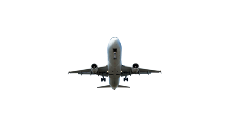 A sleek, modern passenger jet plane with deployed landing gear, blue and white branding, polished metallic, under a clear blue sky, low-angle wide shot, powerful readiness for global progress.