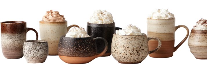 Row of layered coffee drinks in speckled ceramic mugs