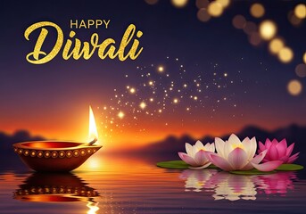 Photo of a happy diwali greeting card with a diya lamp and lotus flowers reflecting in the water, symbolizing light, prosperity, and spiritual awakening