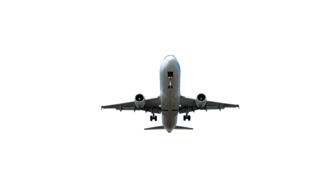 A sleek, modern passenger jet plane with deployed landing gear, blue and white branding, polished metallic, under a clear blue sky, low-angle wide shot, powerful readiness for global progress.