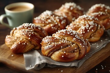 Freshly baked cardamom buns with pearl sugar on wooden board and coffee cup
