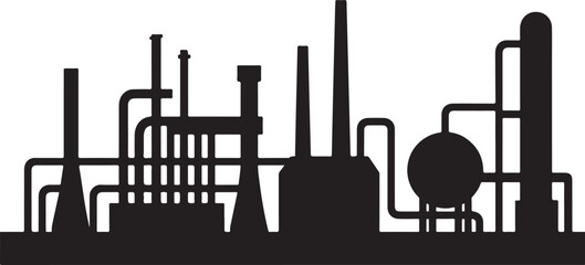 Obraz premium Black silhouette of an industrial complex with pipes and towers against a white background factory black and white