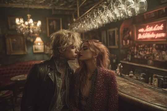 Young caucasian couple romantic moment in vintage bar setting