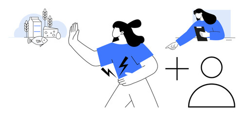 Woman holding her stomach while avoiding dairy and gluten, hand gesture rejecting food. Diet management, health awareness, food intolerance, sustainable lifestyle. Ideal for wellness blogs