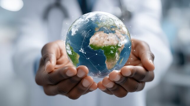 Healthcare professional holds a globe symbolizing global health connections and technological advancements in medicine