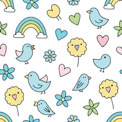 Seamless Pattern with Cute Birds Flowers Rainbows and Hearts for Children s Designs and Springtime Themes
