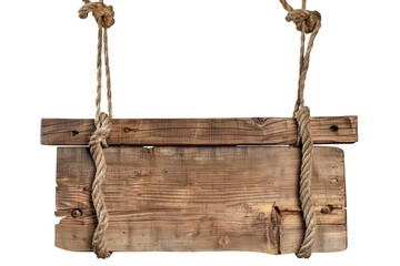 Rustic wooden sign hanging by ropes, weathered wood texture