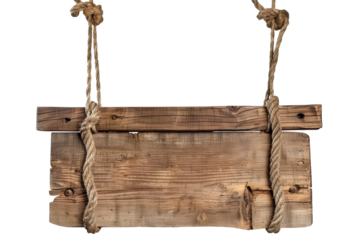 Rustic wooden sign hanging by ropes, weathered wood texture