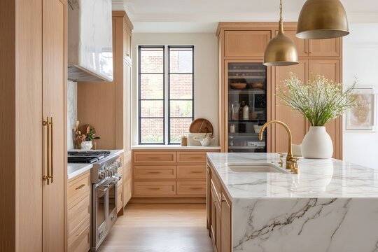 Modern farmhouse kitchen with white oak cabinets marble countertops and a brass sink faucet as featured in Architectural Digest photography.