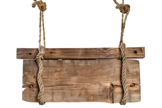 Rustic wooden sign hanging by ropes, weathered wood texture