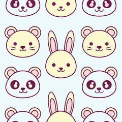 Adorable Seamless Pattern with Cute Cartoon Animal Faces