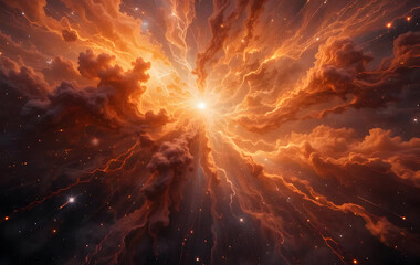 Fiery Cosmic Nebula with Glowing Core in Dark Space