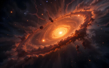 Fiery Cosmic Nebula with Glowing Core in Dark Space