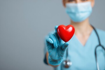 Nurse medical worker holds up red heart symbol of health and care while promoting compassion and support in healthcare during a patient interaction in a clinical setting