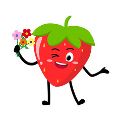 Cute Hand Drawn Strawberry Holding a bunch of flower