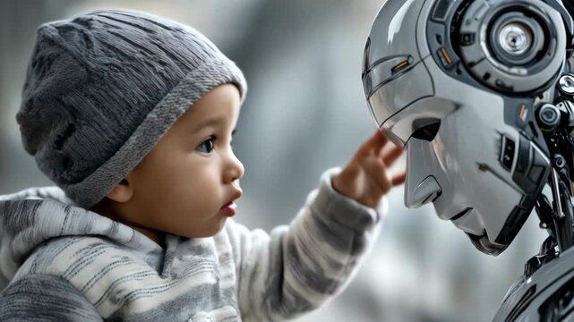 Cute baby explores ai robot, vertical view of little child interacting advanced android, theme of technology, life and connections between human and machine.