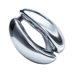 A polished, silver, abstract ring-like form, two smooth, overlapping ovals