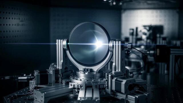 Precision mirror mounted on gimbal stage inside interferometer chamber for angular alignment and surface flatness testing.