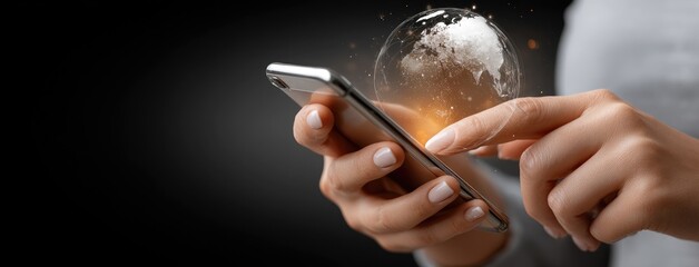 User interacts with mobile device showcasing a digital globe visualization in a dark setting highlighting the connection between technology and global awareness