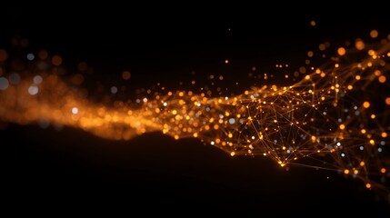 Abstract flowing stream of bright orange lights and interconnected nodes, dark background