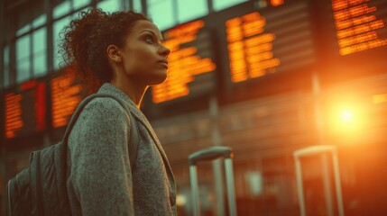 A woman stands in a busy train station, looking up at the electronic display as the sun sets
