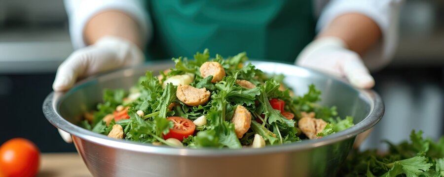 Fresh salad preparation in hospital cafeteria, emphasizing sustainable food waste management for greener future. Gloved hand holds large metal bowl filled with leafy greens, cherry tomatoes,