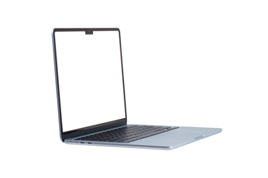Laptop with customizable blank screen, isolated on transparent PNG. Perfect for themes in technology, business, finance, and advertising.