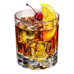 Detailed illustration of a whiskey cocktail.  Glass, ice, amber liquid, cherry, lemon
