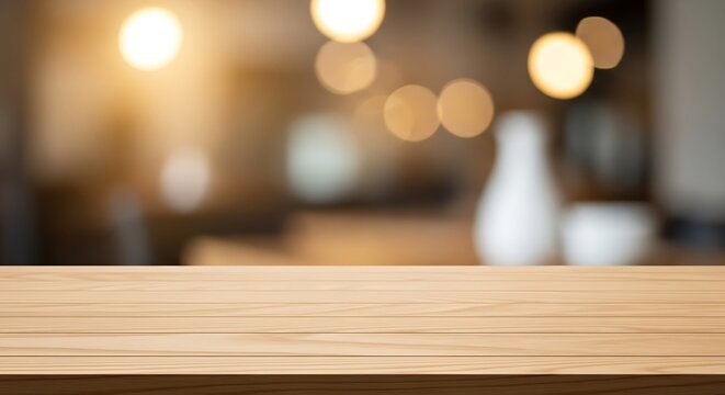 Empty wooden table surface with soft bokeh lights and blurred background in a cafe