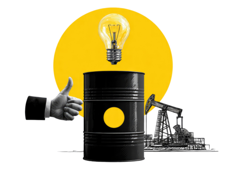 Oil barrel with a lightbulb, thumbsup, and oil rig, signifying innovation in the energy sector