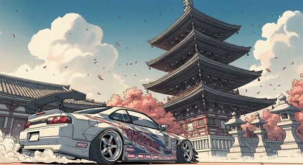 Anime JDM Sports Car at Japanese Pagoda