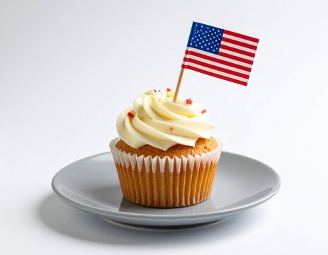 Vanilla Cupcake with American Flag Topper on a White Background