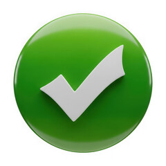 Glossy green circle with a white check mark symbol isolated on transparent background