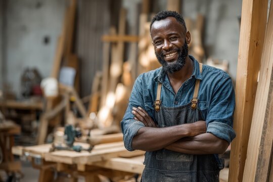 Skilled African carpenter smiling with pride while checking his work in a bustling woodshop during daylight hours - Powered by Adobe