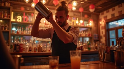 Professional mixologist demonstrating cocktail preparation technique with Boston shaker during party

