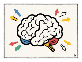 A stylized illustration of a brain, colored in white, with multiple colored arrows radiating outward. A pencil is positioned within the brain
