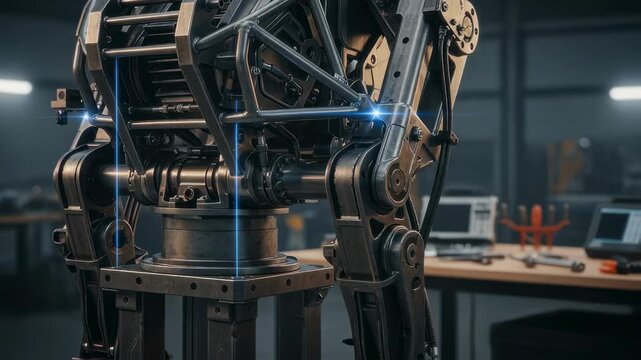 Steel framework of a heavy industrial exoskeleton prototype mounted on an adjustable support stand during precision alignment procedures.