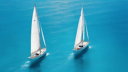 Aerial drone view of a sleek white sailboat gliding on calm turquoise ocean water under a clear blue sunny sky, sailing and travel