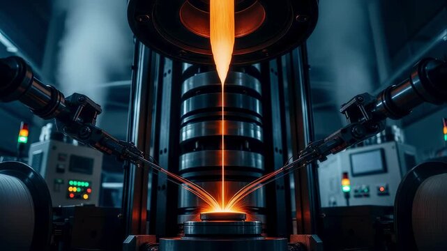 Industrial fiberoptic cable drawing tower with fiber preform glowing orangehot as robotic arms guide delicate glass fiber during continuous highspeed production.