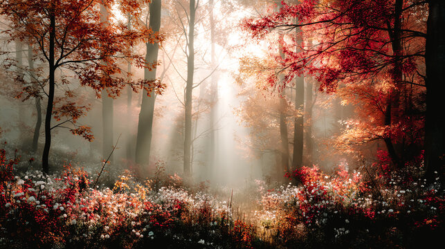 For&ecirc;t en automne &agrave; la lumi&egrave;re du matin