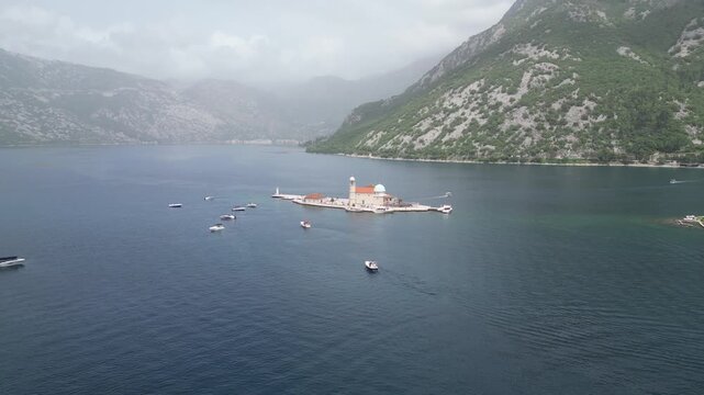 4K aerial drone orbit video of Saint George Monastery island in Bay of Kotor Montenegro