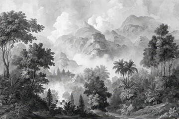 Vintage landscape drawing showcasing a lush jungle mou enveloped in mist with distant mountains under a cloudy sky
