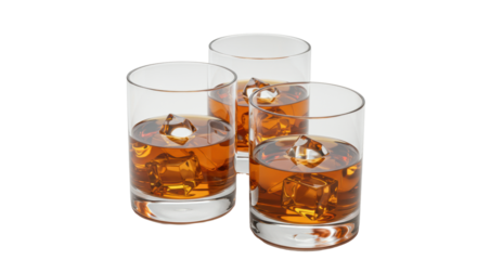 Four high-end crystal tumblers with amber liquid and sculpted ice cubes on a transparent background, soft studio lighting, elegant corporate success concept