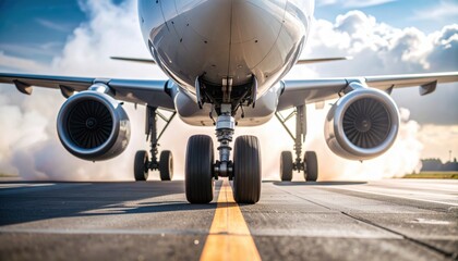 Close-up view of airplane landing gear on runway, engines visible, smoke trails behind.