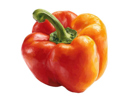 Close-up of a bell pepper, vibrant red and orange hues.  Smooth, plump skin with a distinct stem.  Painterly, realistic style