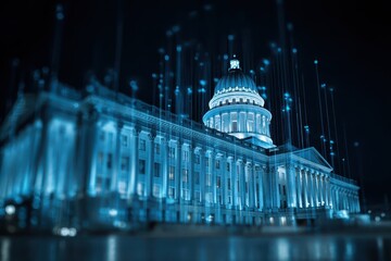 Futuristic government building illuminated at night, showcasing advanced technology and financial data integration in an urban setting